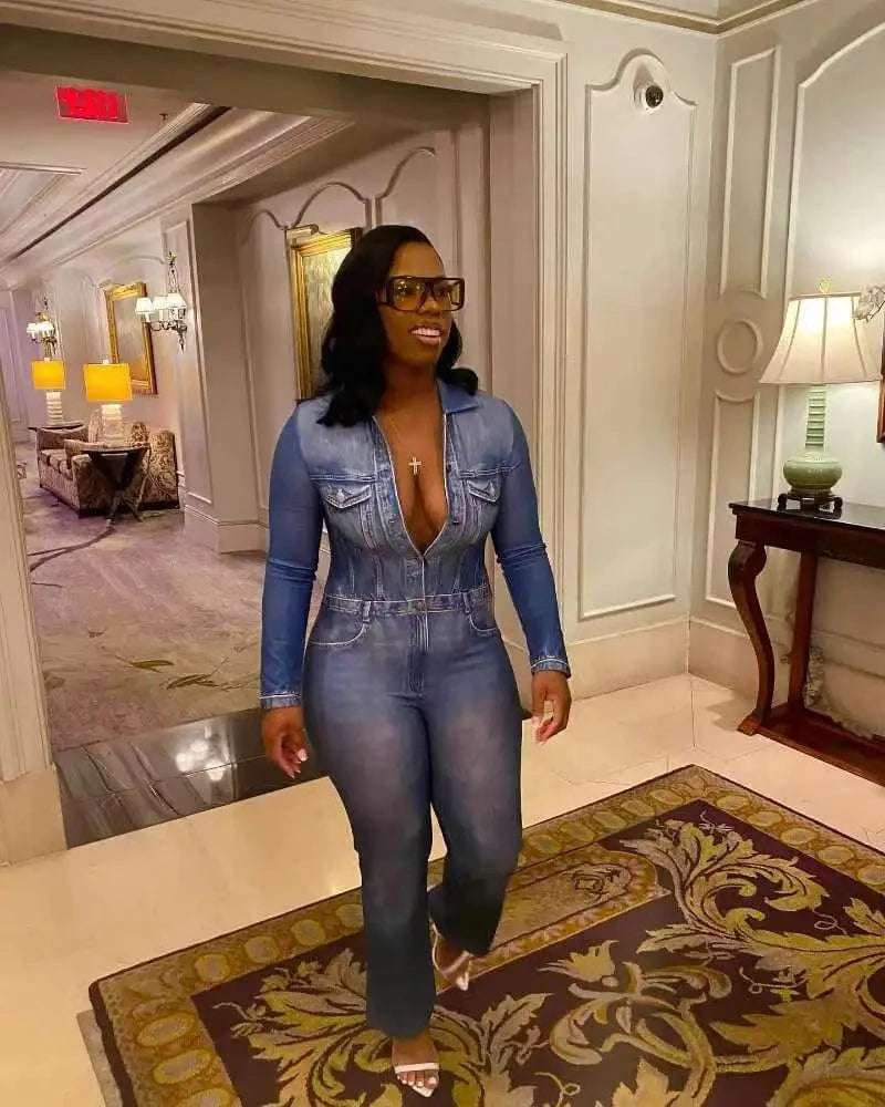 Bomblook C1220JP Fashionable Denim Print Streetwear Women Jumpsuit Printed Jumpsuit Women Women Single Breasted Jumpsuit 2024