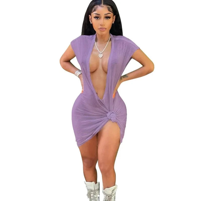 Bomblook C129DS Sexy Outfits Solid Women Party Club Dresses Short Sleeve Deep V Neck Mini Knotted Elegant Dress