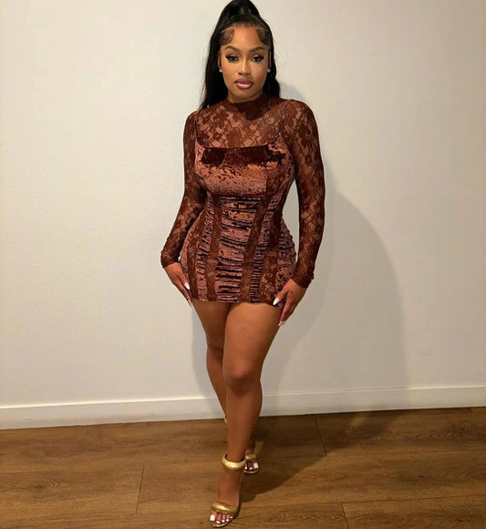 Bomblook C130DS02 New Arrivals 2024 Spring Velvet Patchwork Outfits Party Bodycon See Through Women Sexy Lady Elegant Dress