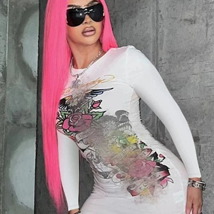 Bomblook C301DS03 Brand Print Outfit Casual Bodycon Dress Lady Mini Y2K Streetwear Party Slim Dress 2024 Spring