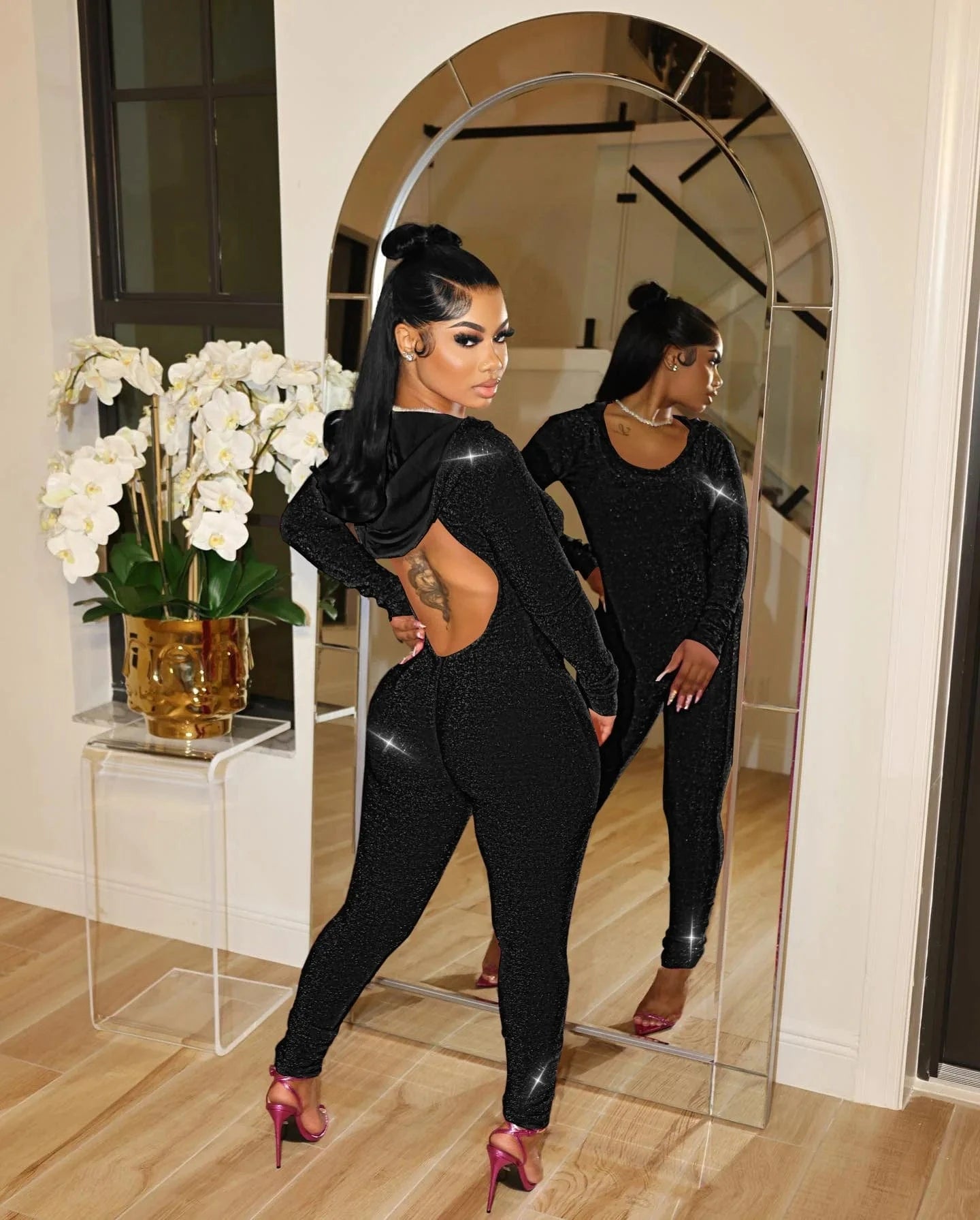 Bomblook C301JP 2024 Sexy Hooded Long Sleeve Jumpsuits Women One Piece Club Party Jumpsuit Ladies Backless Jumpsuit