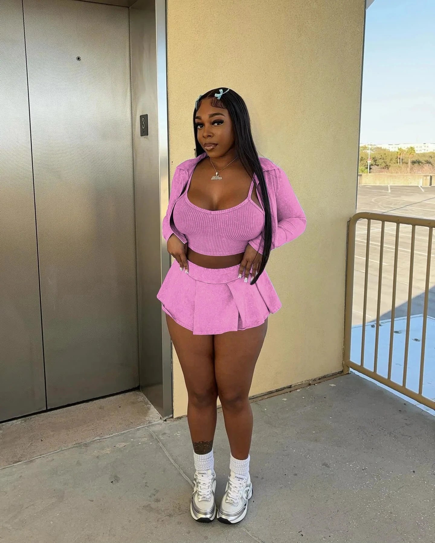 Bomblook C313ST Streetwear Printed 3 Pieces Set Tank Top With Skirt Cardigan Ribbed Three Piece Set Women Women Outfits 2024