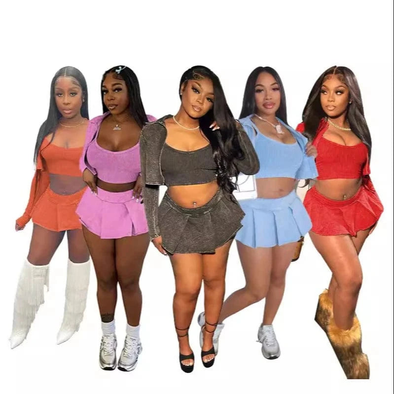 Bomblook C313ST Streetwear Printed 3 Pieces Set Tank Top With Skirt Cardigan Ribbed Three Piece Set Women Women Outfits 2024