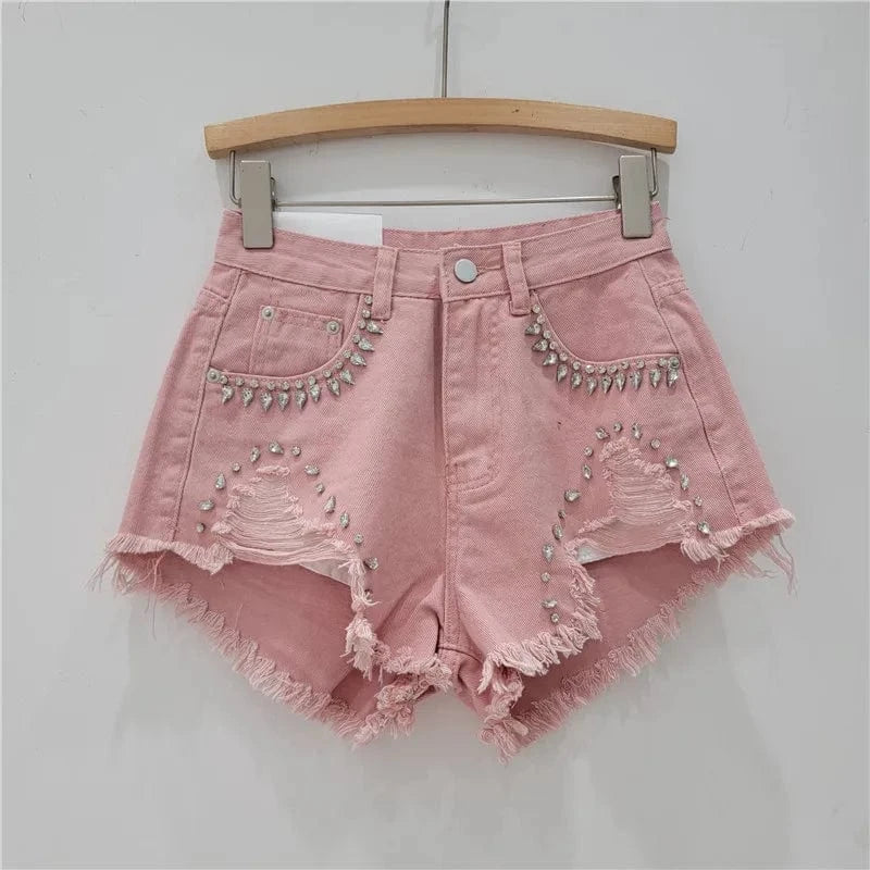 Bomblook C316PT 2024 Summer Ripped Shorts Denim Patchwork High Waist Shorts For Women Diamond Jean Shorts With Pockets
