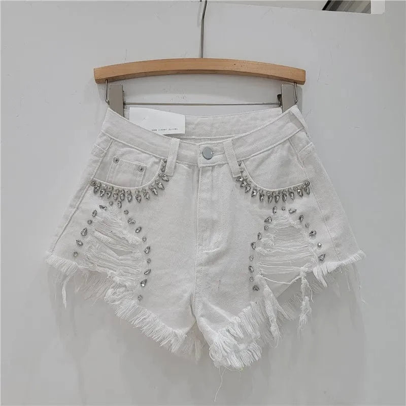 Bomblook C316PT 2024 Summer Ripped Shorts Denim Patchwork High Waist Shorts For Women Diamond Jean Shorts With Pockets