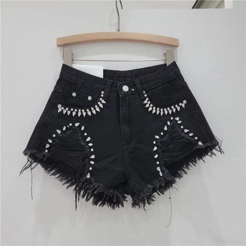 Bomblook C316PT 2024 Summer Ripped Shorts Denim Patchwork High Waist Shorts For Women Diamond Jean Shorts With Pockets