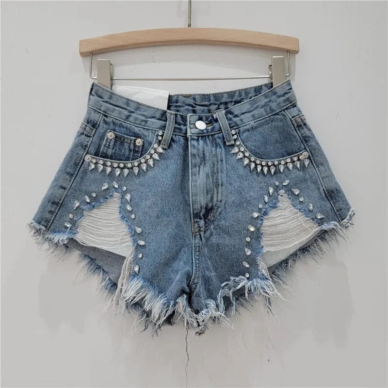 Bomblook C316PT 2024 Summer Ripped Shorts Denim Patchwork High Waist Shorts For Women Diamond Jean Shorts With Pockets