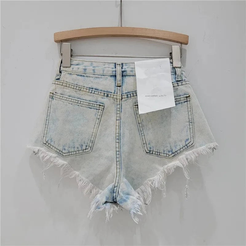 Bomblook C316PT 2024 Summer Ripped Shorts Denim Patchwork High Waist Shorts For Women Diamond Jean Shorts With Pockets
