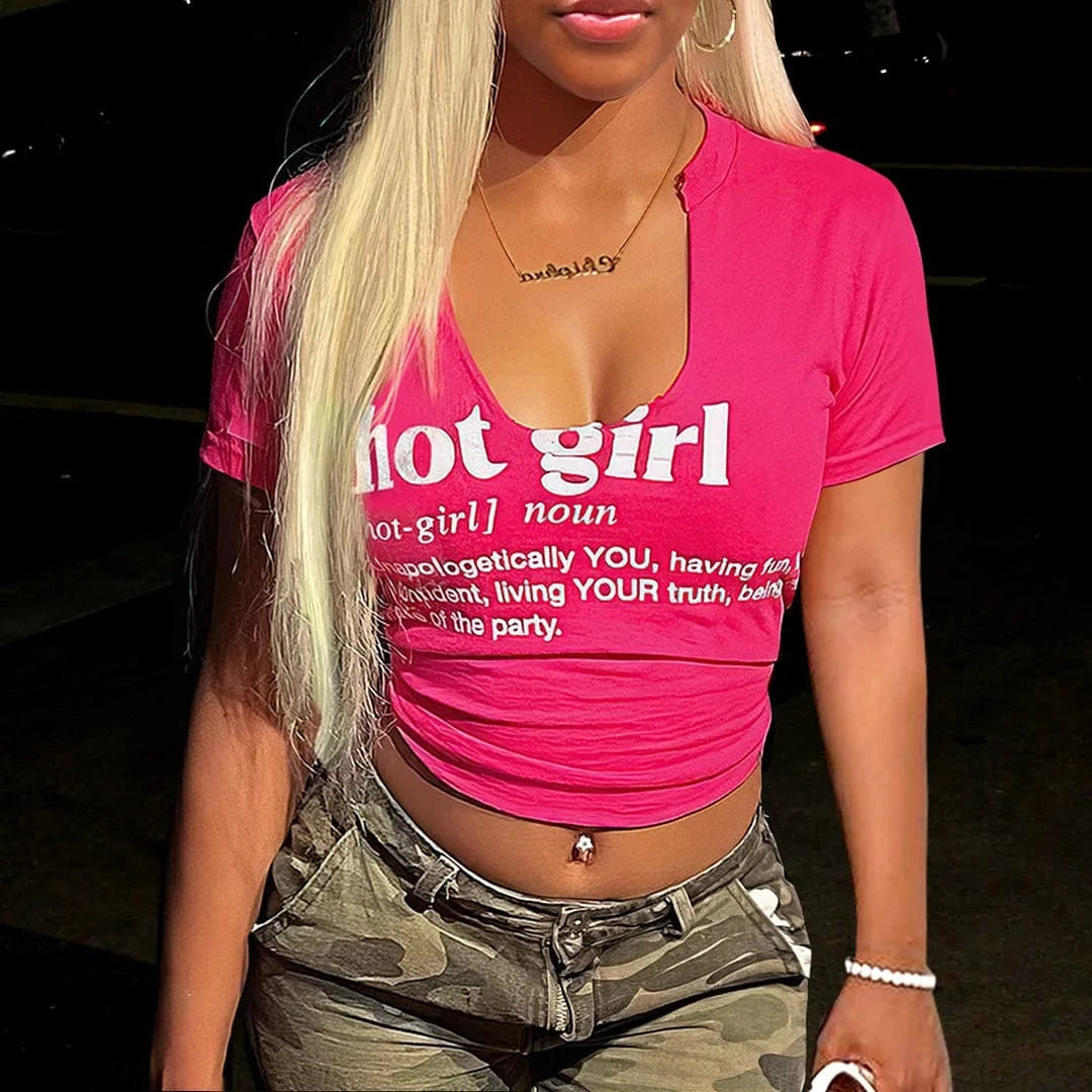 Bomblook C319TP03 2024 Summer Notched Neck Hot Girl Letter Print T Shirt Crop Top Women Tees Ladies Casual Short Sleeve Tees