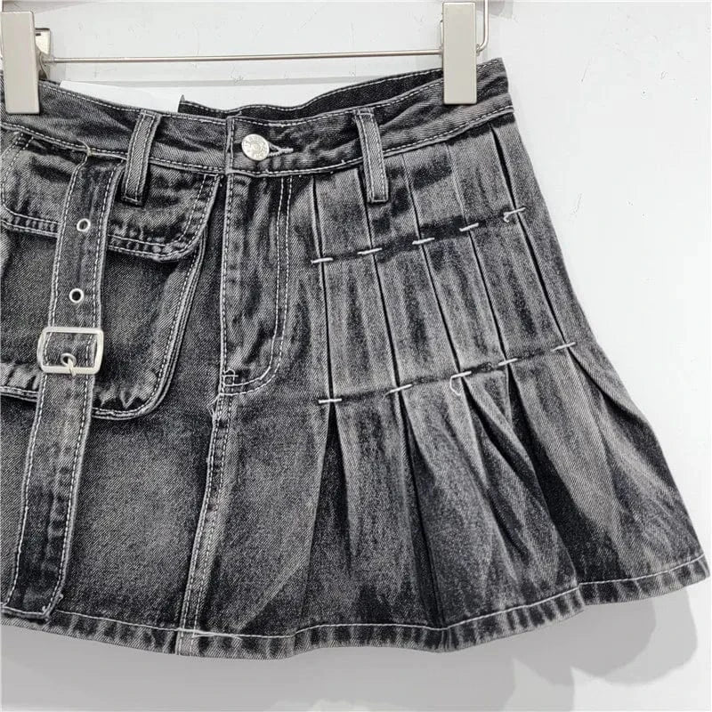 Bomblook C320SK02 Designer Solid Skirt Low Waist Denim Mini Skirt With Pockets Irregular Denim Skirt Ladies Denim Pleated Skorts
