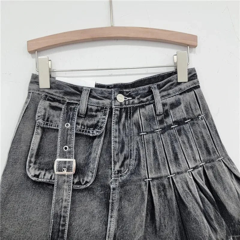 Bomblook C320SK02 Designer Solid Skirt Low Waist Denim Mini Skirt With Pockets Irregular Denim Skirt Ladies Denim Pleated Skorts