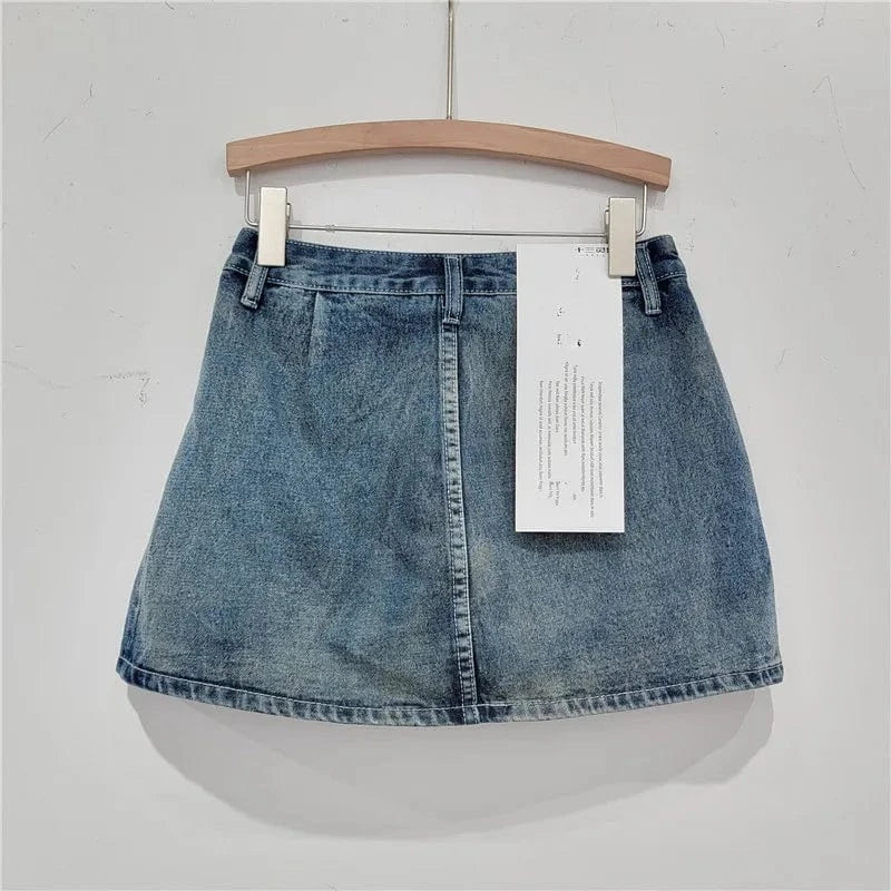 Bomblook C320SK02 Designer Solid Skirt Low Waist Denim Mini Skirt With Pockets Irregular Denim Skirt Ladies Denim Pleated Skorts
