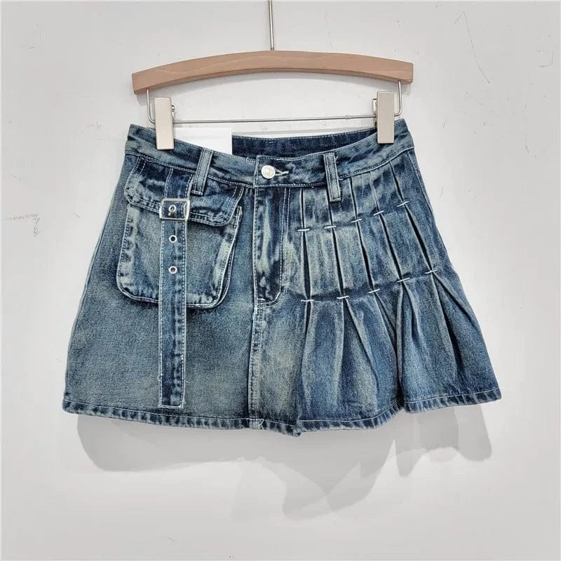 Bomblook C320SK02 Designer Solid Skirt Low Waist Denim Mini Skirt With Pockets Irregular Denim Skirt Ladies Denim Pleated Skorts
