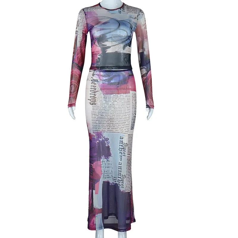 Bomblook C320ST Trends Outfits Streetwear Mesh Top Two Piece Set See Through Women Sets Women 2024 Two Piece Midi Skirt Set
