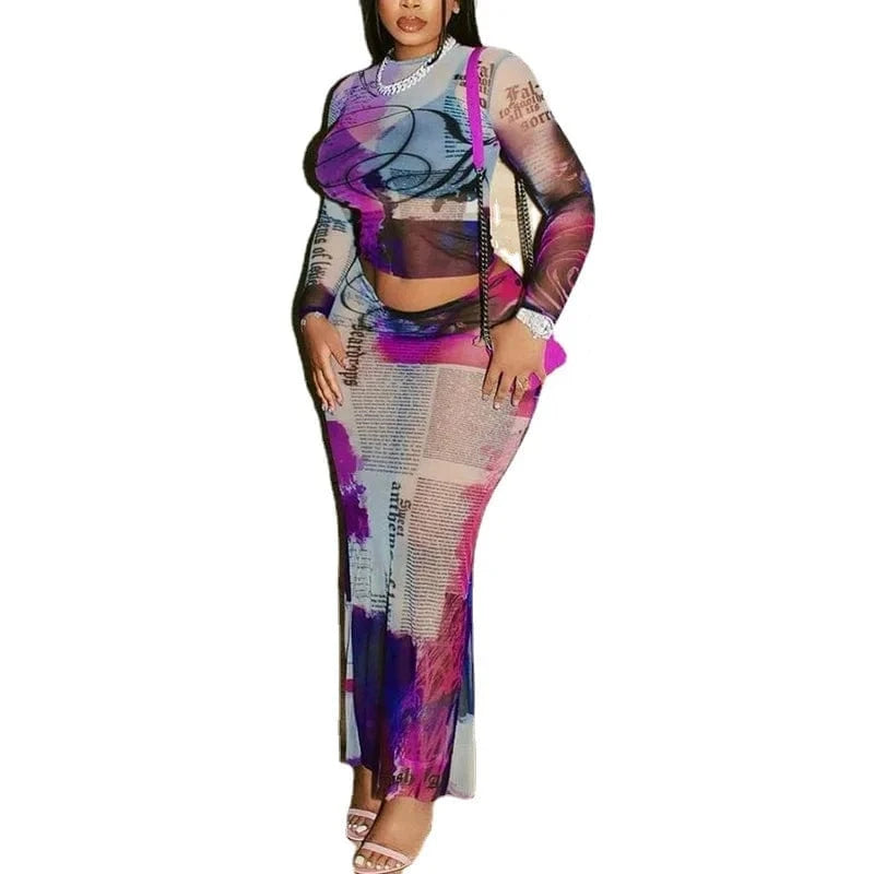 Bomblook C320ST Trends Outfits Streetwear Mesh Top Two Piece Set See Through Women Sets Women 2024 Two Piece Midi Skirt Set