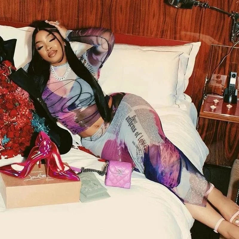 Bomblook C320ST Trends Outfits Streetwear Mesh Top Two Piece Set See Through Women Sets Women 2024 Two Piece Midi Skirt Set