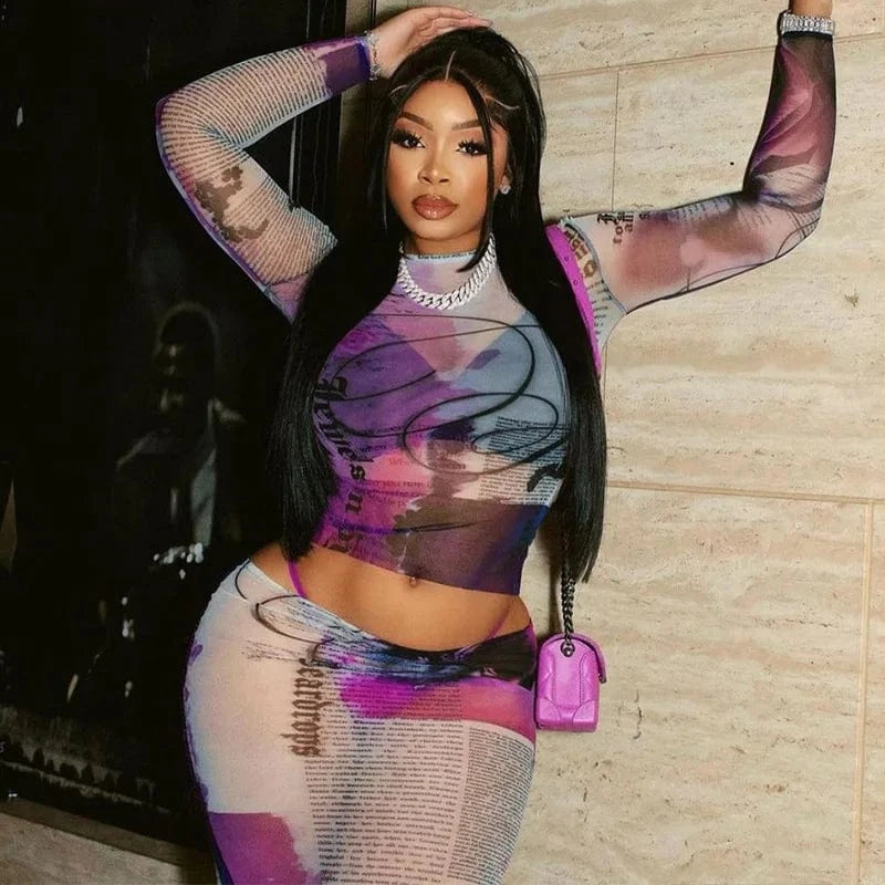 Bomblook C320ST Trends Outfits Streetwear Mesh Top Two Piece Set See Through Women Sets Women 2024 Two Piece Midi Skirt Set