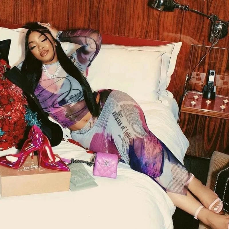 Bomblook C320ST Trends Outfits Streetwear Mesh Top Two Piece Set See Through Women Sets Women 2024 Two Piece Midi Skirt Set