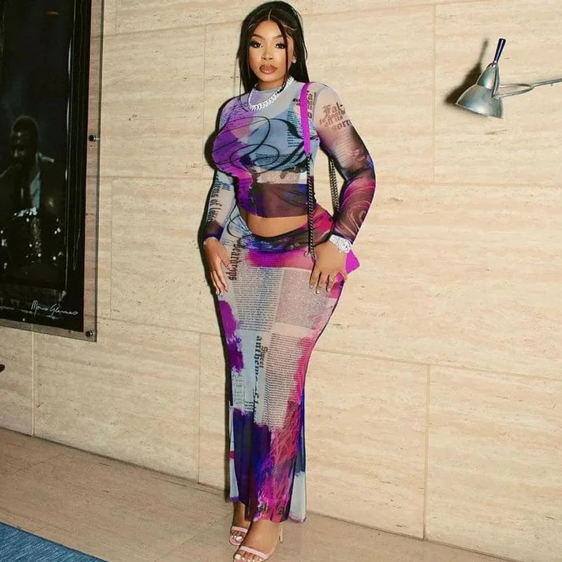 Bomblook C320ST Trends Outfits Streetwear Mesh Top Two Piece Set See Through Women Sets Women 2024 Two Piece Midi Skirt Set