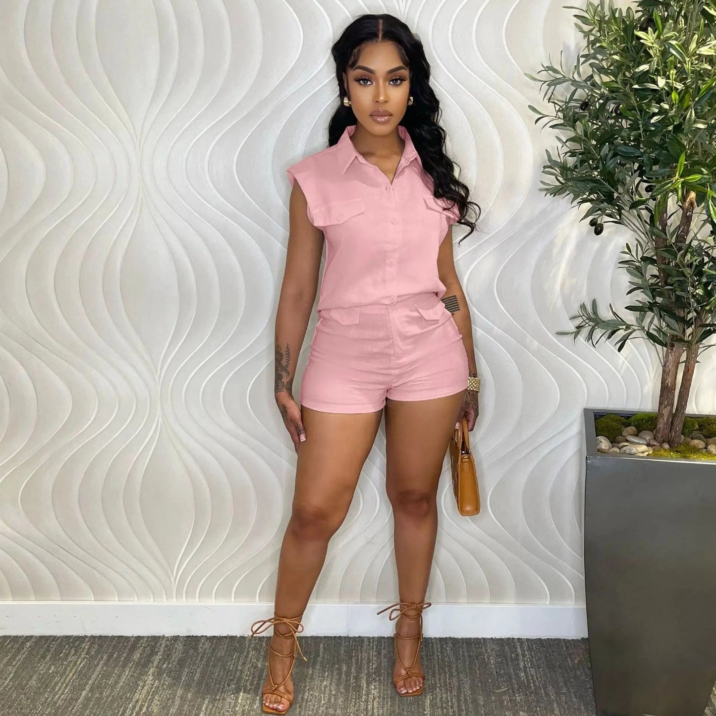 Bomblook C320ST01 Cotton and linen Outfits Solid Color Shirt And Tight Shorts Set Women Casual Suits Women Sets 2024