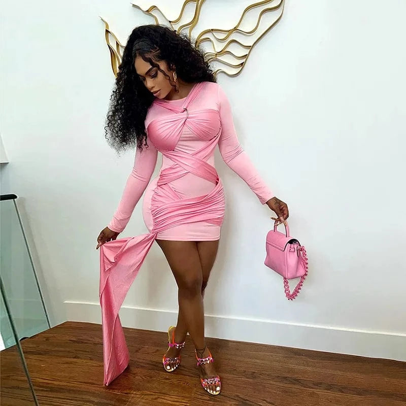 Bomblook C321DS01 Spring 2024 New Patchwork Long Sleeve Sexy Mini Dress With Bandage Bodycon Streetwear Elegant Dresses Women