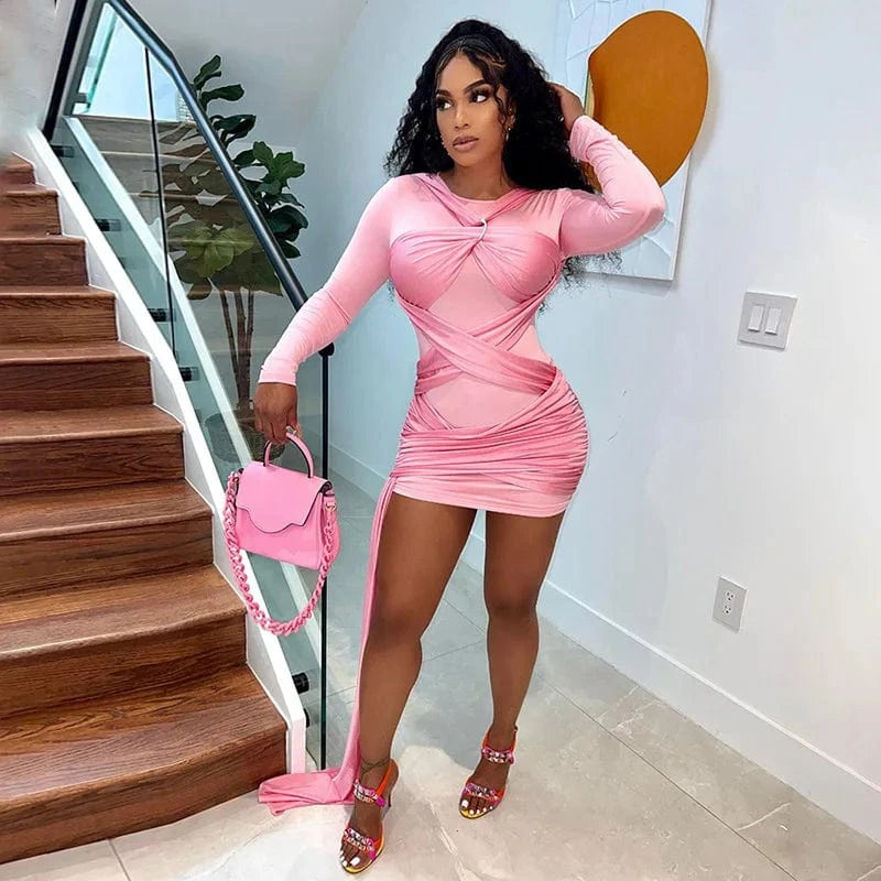 Bomblook C321DS01 Spring 2024 New Patchwork Long Sleeve Sexy Mini Dress With Bandage Bodycon Streetwear Elegant Dresses Women