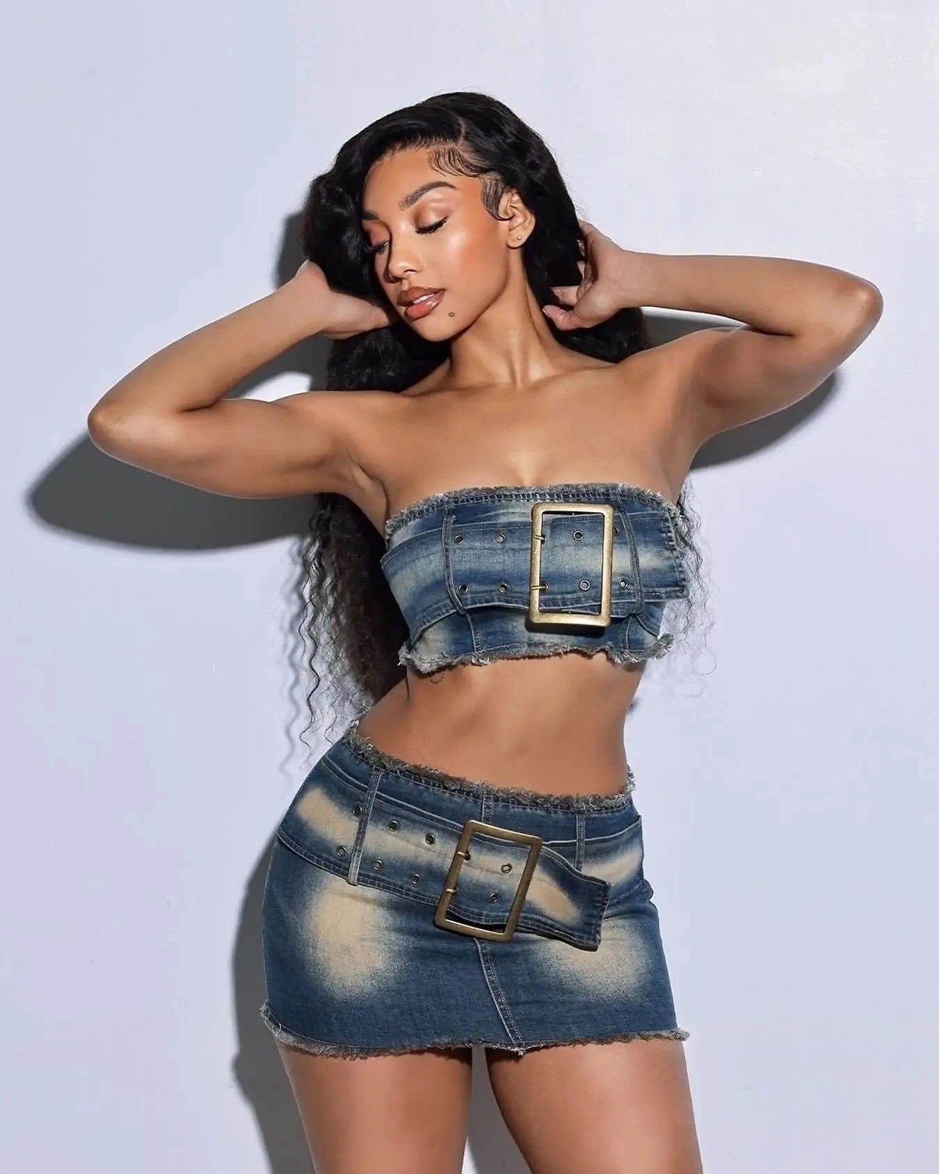 Bomblook C325ST Fashion Denim Tube Top With Belt New Design Outfits Streetwear 2 Piece Belt Skirts Set Women Summer 2024
