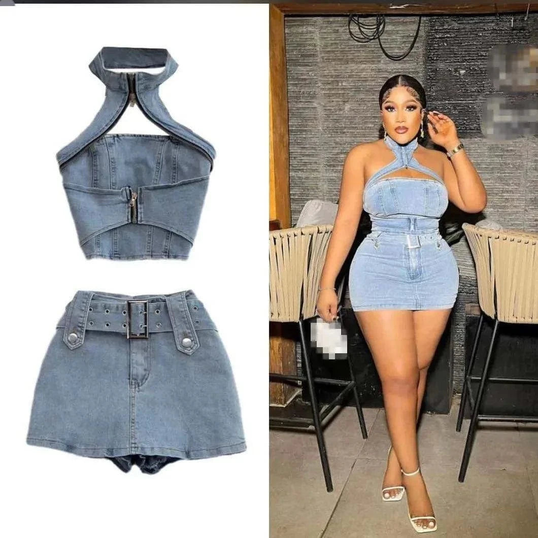 Bomblook C413ST04 Tracksuit Denim Halter Tank Top New Design Outfits Streetwear 2 Piece Cargo Skirt With Belt Women Summer