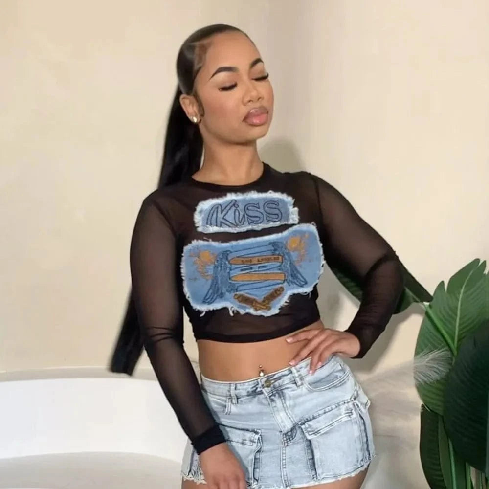 Bomblook C420TP01 2024 Spring Denim Pattern Print T Shirt Mesh Crop Top Women Tees Ladies Casual Ladies Y2K Tees