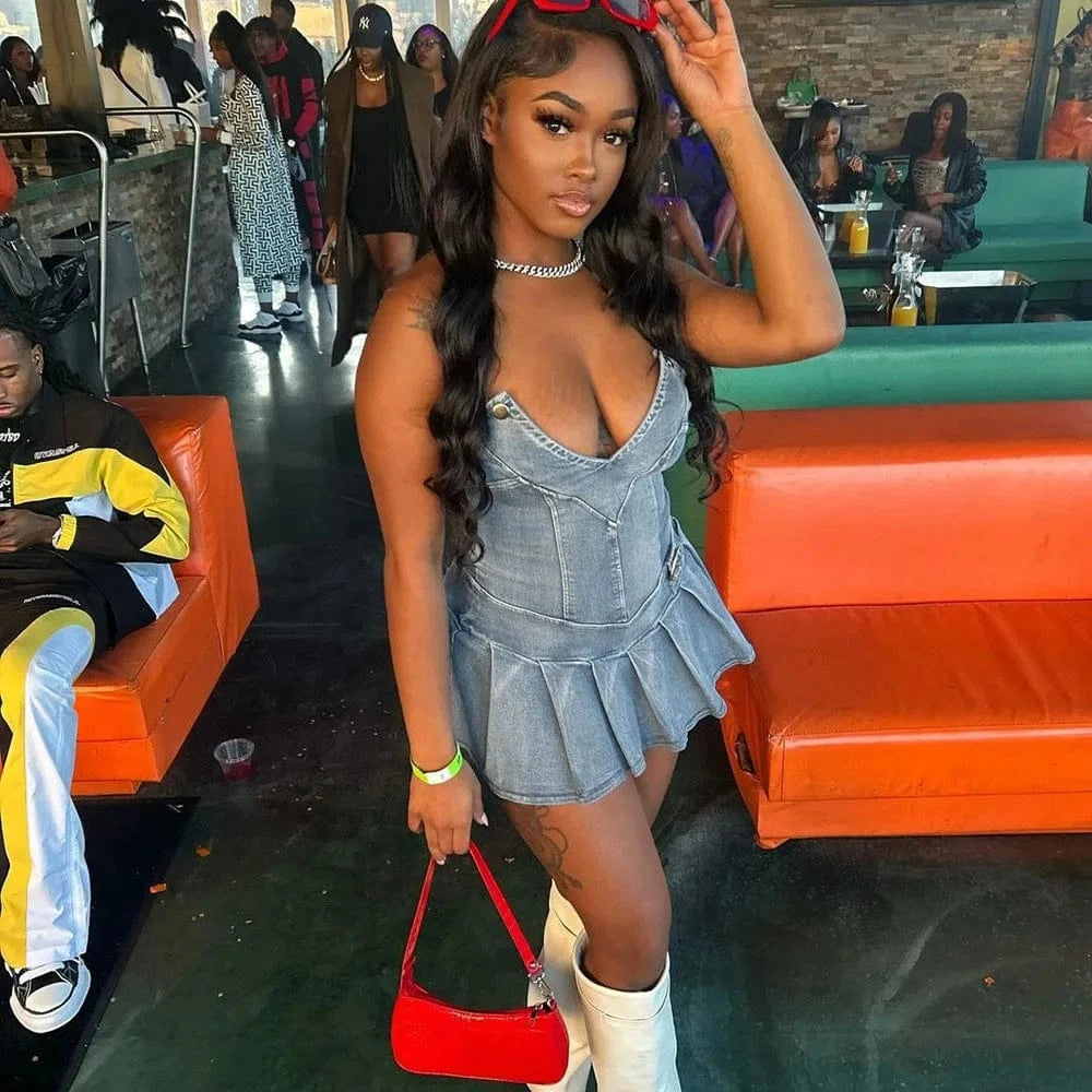 Bomblook C422DS Deep V Neck Denim Mini Dress Bodycon Summer Sexy Club Party Stretchy Striped Strapless Dresses For Women 2024