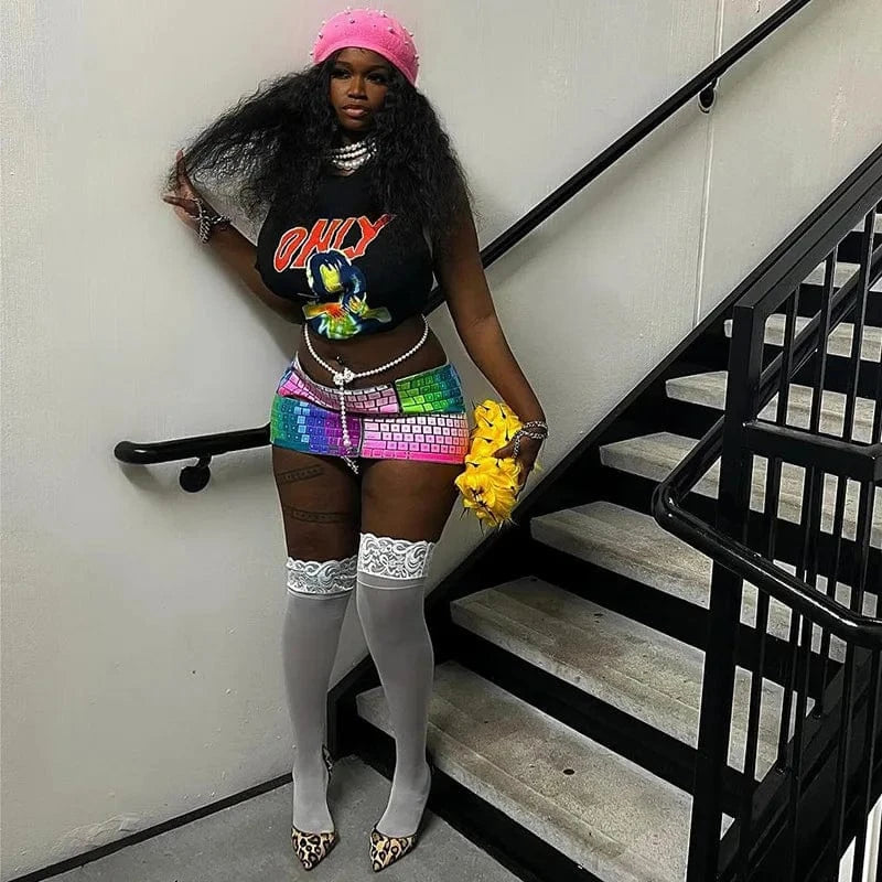 Bomblook C423ST Pattern Print Top With Keyboard Skirt Streetwear Tweed Set 3D Print 2 Piece Set Women Summer 2024 Suits