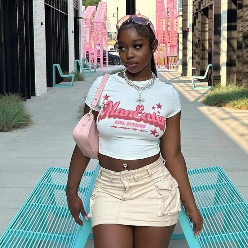 Bomblook C427TP 2024 Summer Girl Letter Print T Shirt Short Crop Top Women Tees Ladies Casual Ladies Fitted Tees