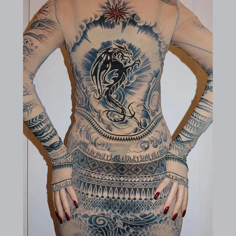 Bomblook C428DS Midi Outfits Stand Collar Spring Mesh Dress Bodycon Sexy Brand Print Dress For Women Slim See Through Dresses