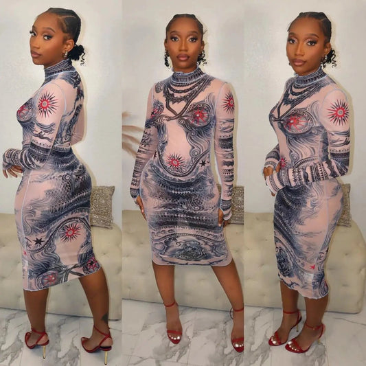 Bomblook C428DS Midi Outfits Stand Collar Spring Mesh Dress Bodycon Sexy Brand Print Dress For Women Slim See Through Dresses