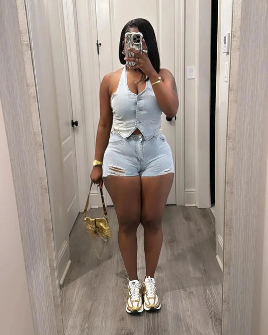 Bomblook C505ST04 Trends Outfits Denim Tank Top New Design Outfits Streetwear 2 Piece Distressed Short Set Women Summer