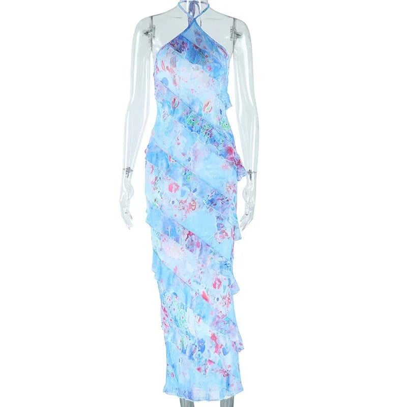 Bomblook C509DS02 2024 Sexy Holiday Ruffle Dress Sleeveless Halter Outfits Maxi Vacation Print Dresses With Lined Women