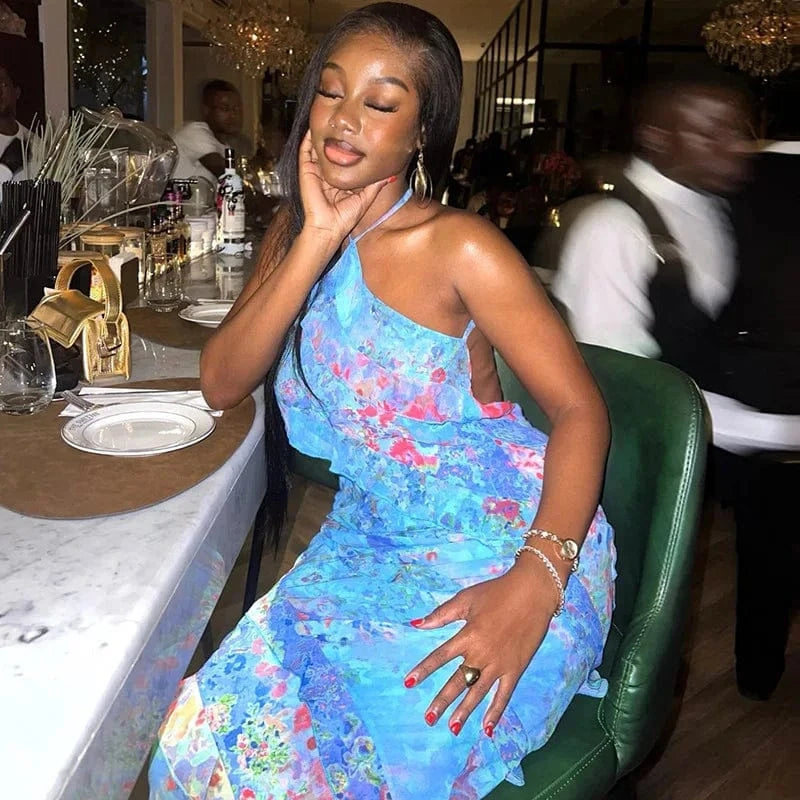 Bomblook C509DS02 2024 Sexy Holiday Ruffle Dress Sleeveless Halter Outfits Maxi Vacation Print Dresses With Lined Women