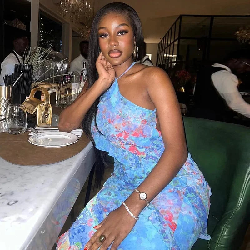 Bomblook C509DS02 2024 Sexy Holiday Ruffle Dress Sleeveless Halter Outfits Maxi Vacation Print Dresses With Lined Women