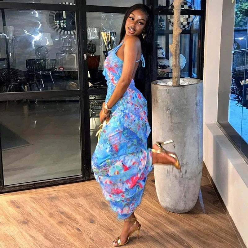 Bomblook C509DS02 2024 Sexy Holiday Ruffle Dress Sleeveless Halter Outfits Maxi Vacation Print Dresses With Lined Women