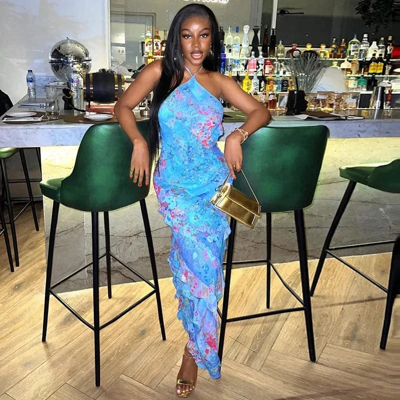Bomblook C509DS02 2024 Sexy Holiday Ruffle Dress Sleeveless Halter Outfits Maxi Vacation Print Dresses With Lined Women