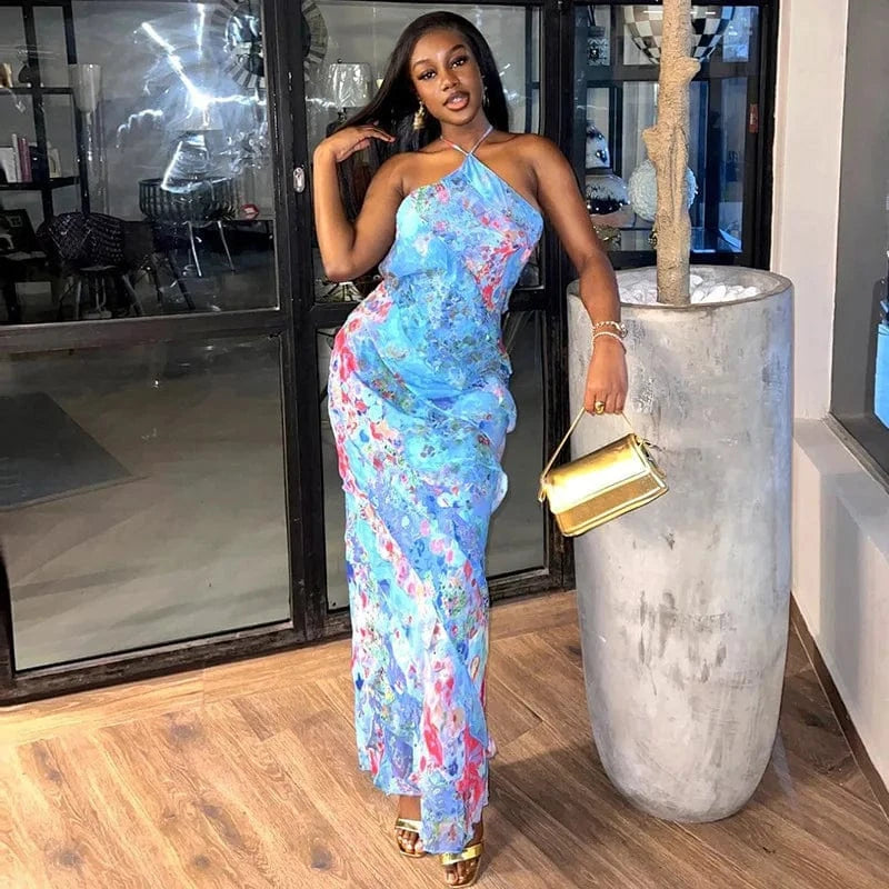 Bomblook C509DS02 2024 Sexy Holiday Ruffle Dress Sleeveless Halter Outfits Maxi Vacation Print Dresses With Lined Women