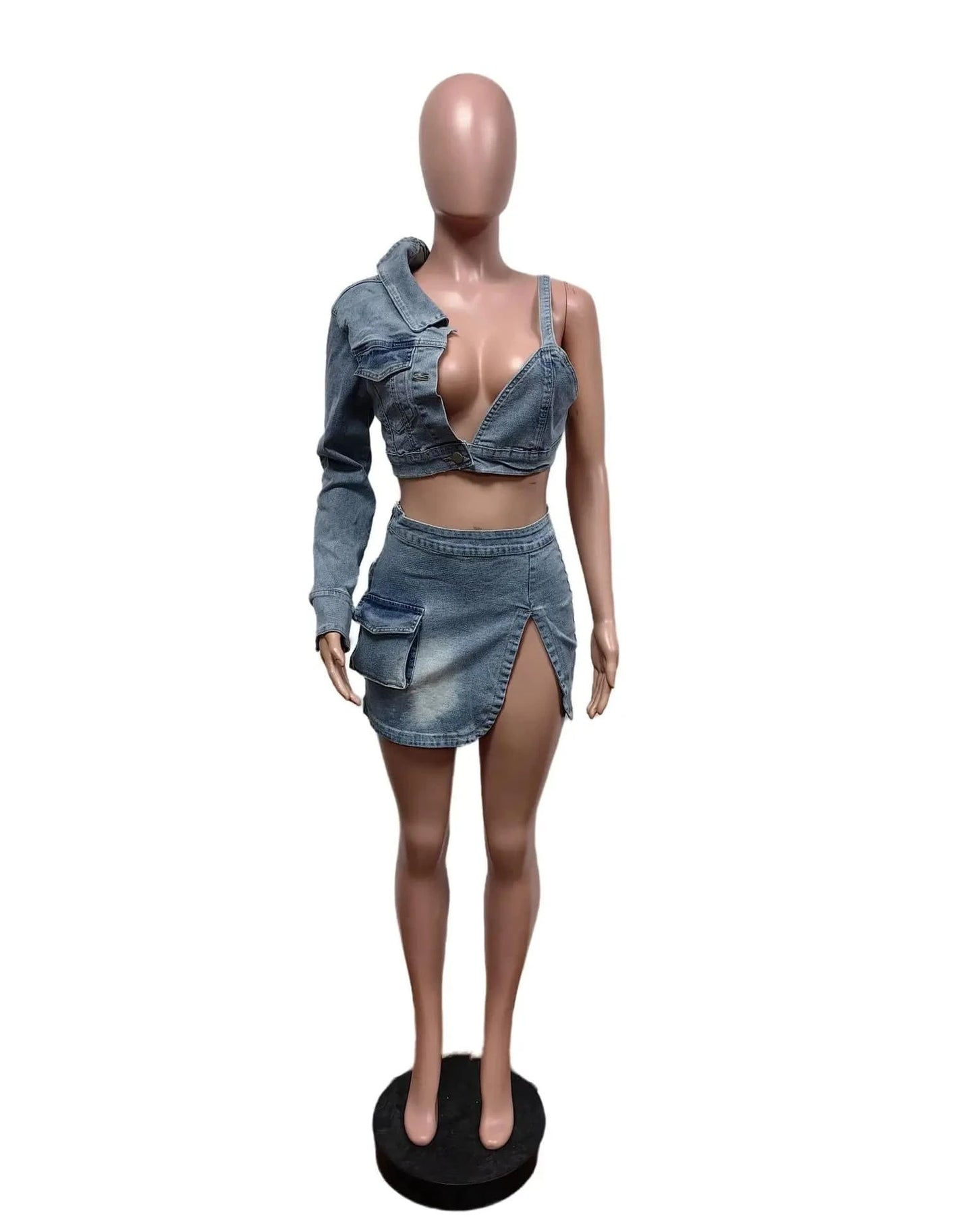 Bomblook C509ST01 Trends Design Tweed Set Fashion Denim One Shoulder Tank Top Women 2 Piece Set Women Mini Slit Sets For Women