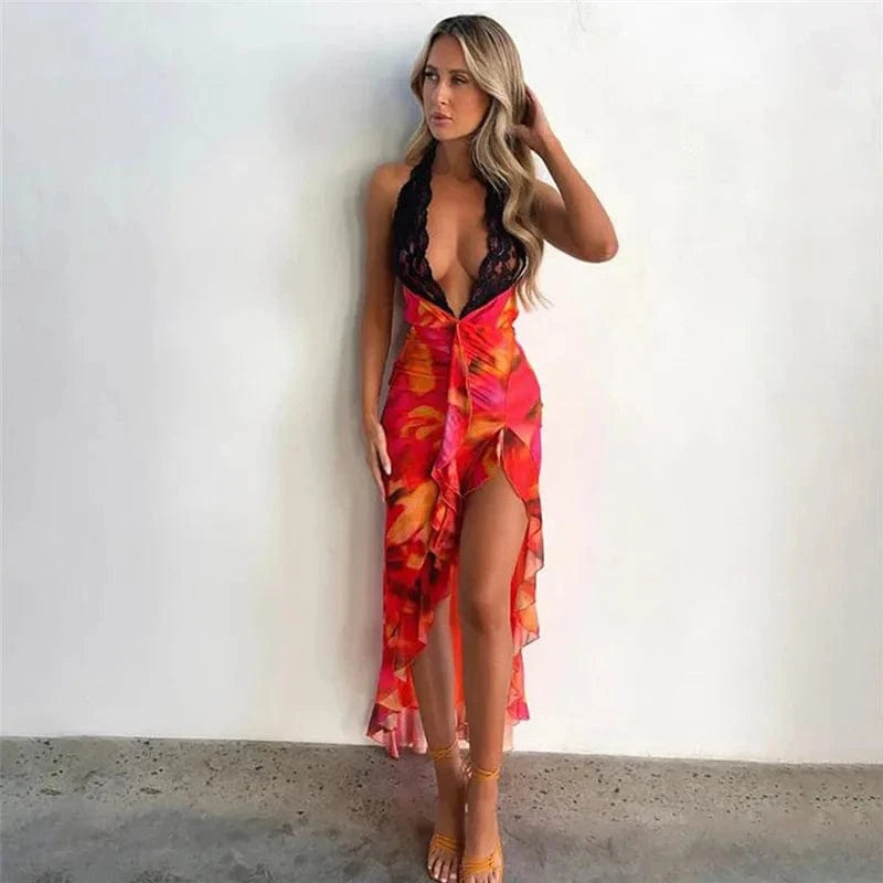 Bomblook C511DS02 Halter Outfits Sexy Party Holiday Midi Summer Lace Asymmetrical Dresses For Women Backless Ruffle Dress 2024