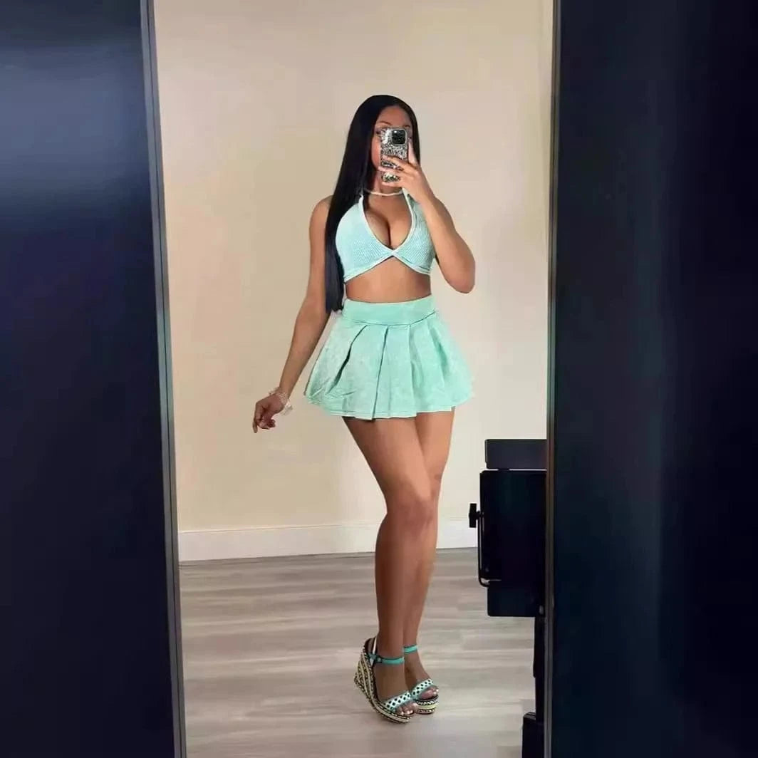 Bomblook C520ST07 Fashion Ribbed Washed Streetwear 2 Piece Pleated Skirt Set Women Summer Casual Wear Deep V Neck Tweed Set