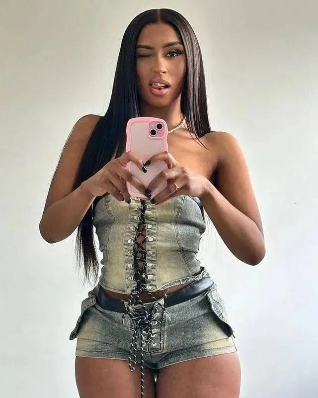 Bomblook C521ST03 Denim Women's Suit Sexy Lace Up Corset With Short 2 Piece Set Women Denim Summer Streetwear 2024