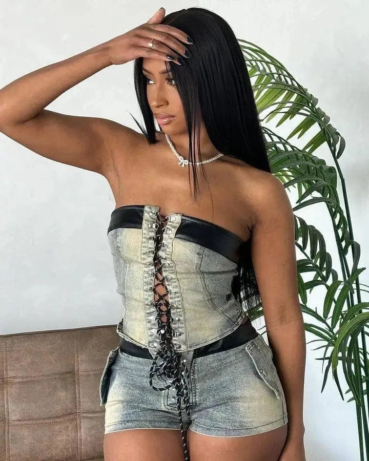 Bomblook C521ST03 Denim Women's Suit Sexy Lace Up Corset With Short 2 Piece Set Women Denim Summer Streetwear 2024