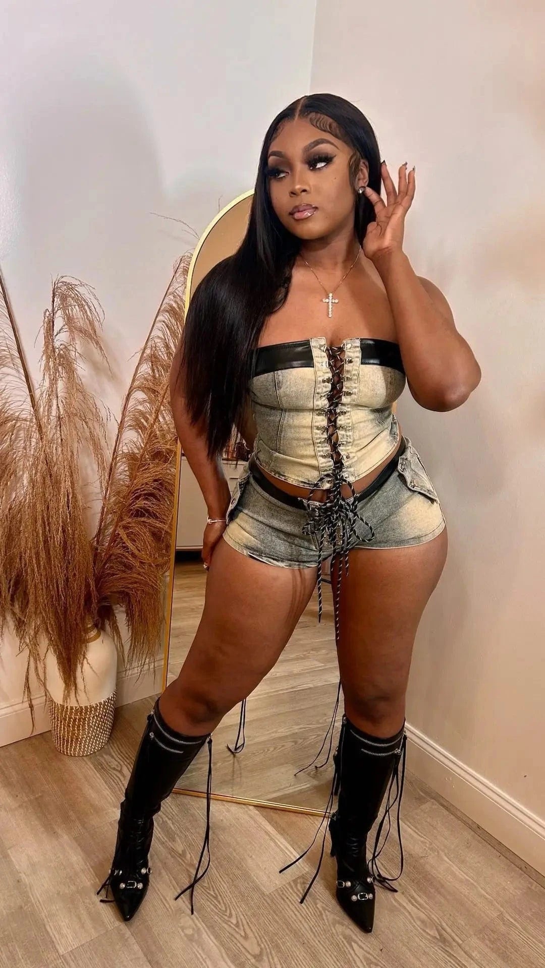 Bomblook C521ST03 Denim Women's Suit Sexy Lace Up Corset With Short 2 Piece Set Women Denim Summer Streetwear 2024