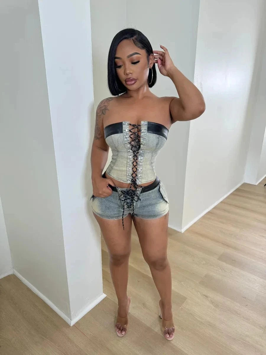 Bomblook C521ST03 Denim Women's Suit Sexy Lace Up Corset With Short 2 Piece Set Women Denim Summer Streetwear 2024