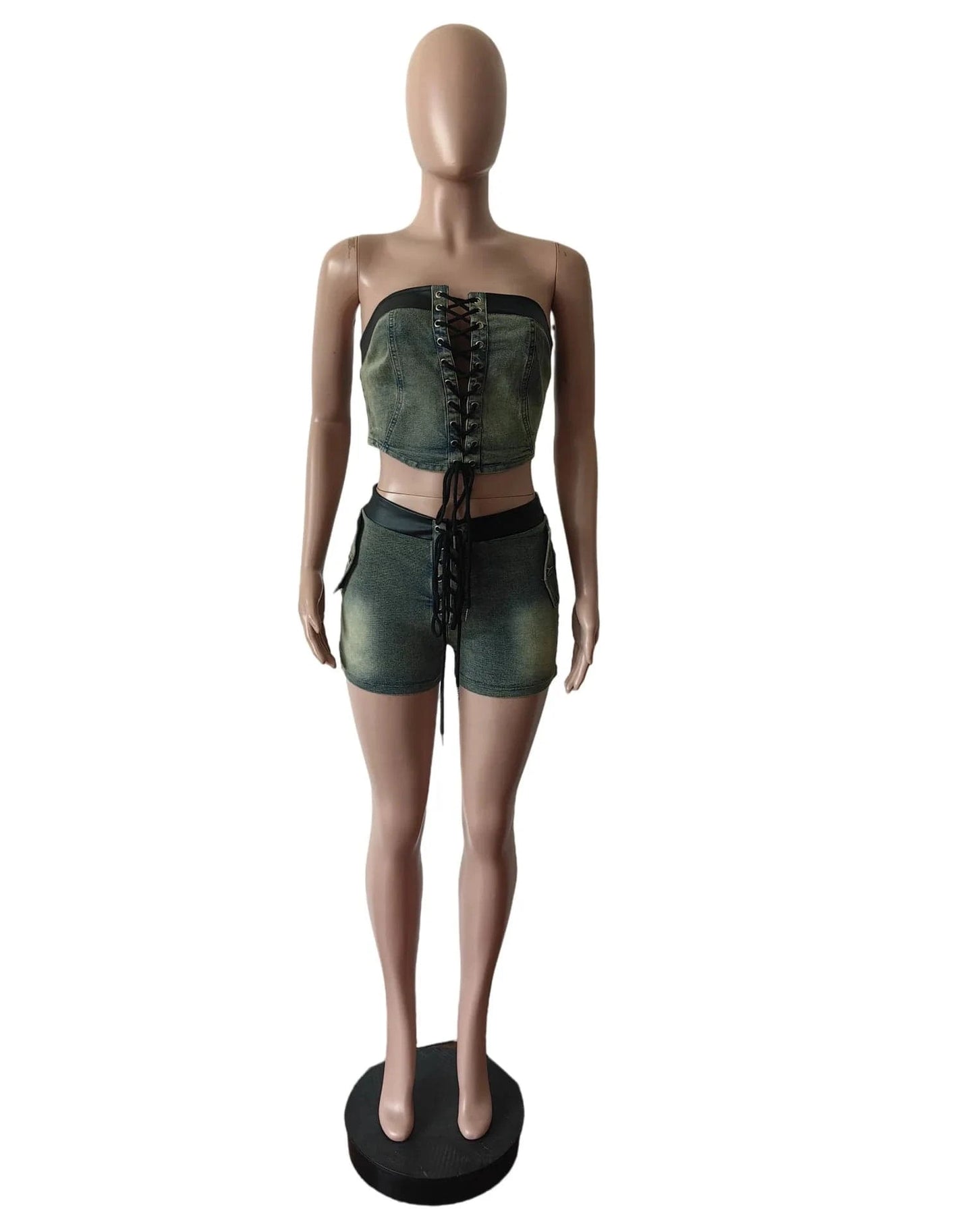 Bomblook C521ST03 Denim Women's Suit Sexy Lace Up Corset With Short 2 Piece Set Women Denim Summer Streetwear 2024