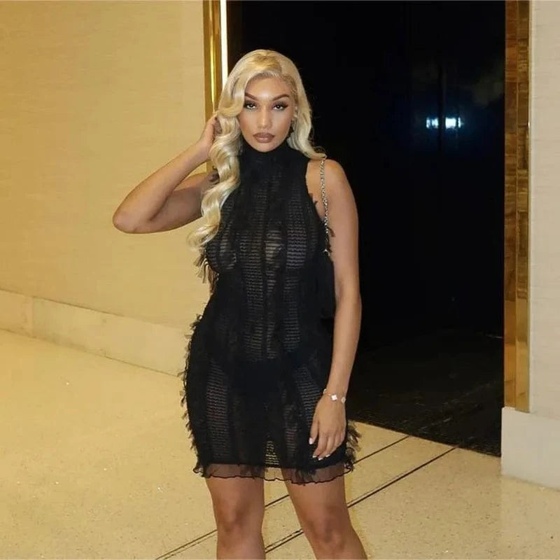 Bomblook C524DS01 2024 Summer Sexy Outfits Solid Ruffles Dress For Women Streetwear Mini Bodycon See Through Dresses